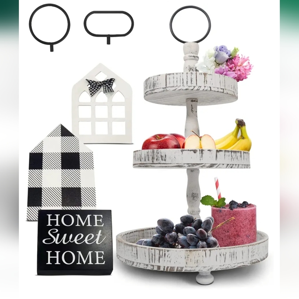 🤍🖤🩶Beautiful 3 Tiered Distressed Farmhouse Tray🩶🖤🤍